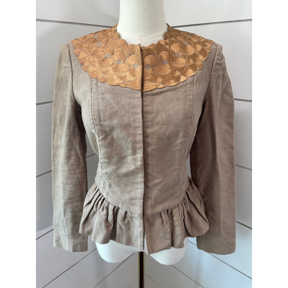 Ports 1961 Peplum Jacket Womens Size 2 Tan Gold Excellent Scallop Embroidered
